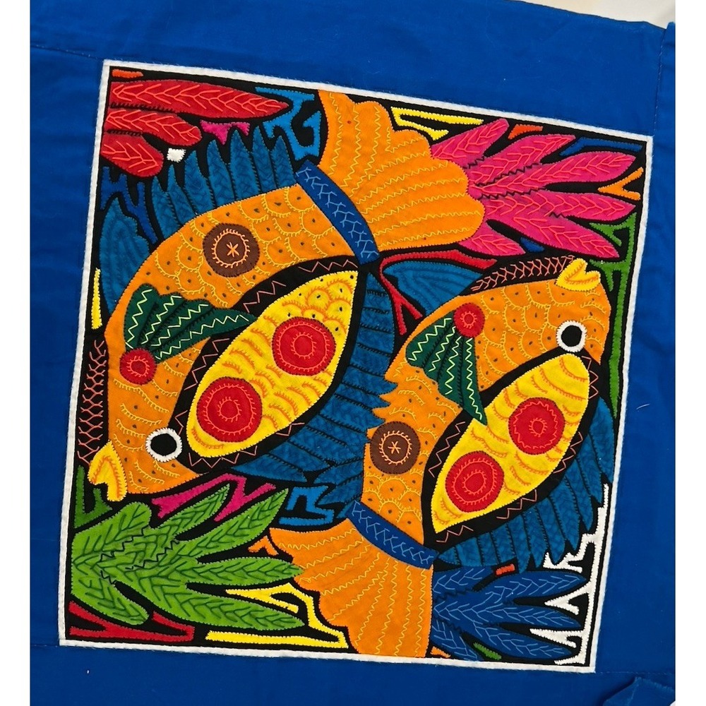 (..2)Handmade Kuna Mola Textile Art Blue Tropical Fish Panel